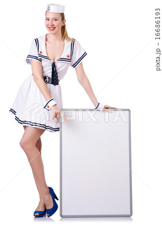 Stewardess with blank board on white 16686193