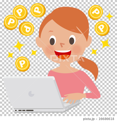 A woman rejoicing watching a personal computer and dreaming of a point coin A woman rejoicing watching a personal computer and dreaming of a point coin 16686618