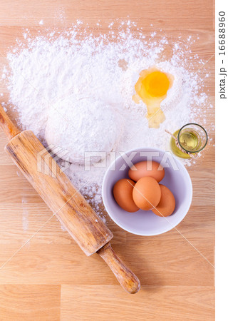 Baking ingredients including fresh eggs. Baking ingredients including fresh eggs. 16688960