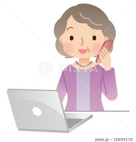 高齢者 女性 パソコン操作と電話のイラスト素材