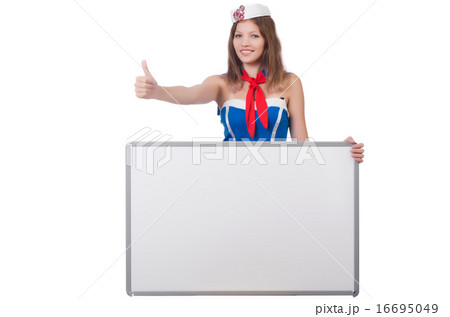 Young woman with blank board on white Young woman with blank board on white 16695049