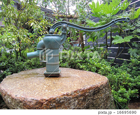 ジャンクガーデン用 手押し井戸ポンプ 緑色と鉄錆びの斑が良い景色