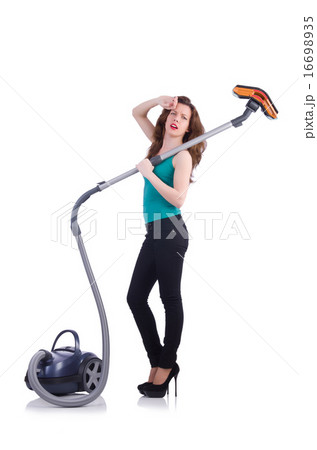Young woman with vacuum cleaner on white Young woman with vacuum cleaner on white 16698935