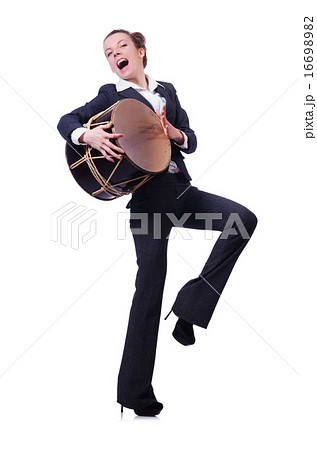 Funny businesswoman with drum isolated on white Funny businesswoman with drum isolated on white 16698982