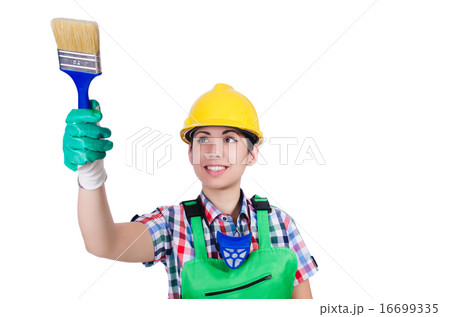 Woman painter with paintbrush on white 16699335