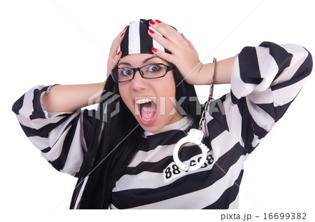 Prisoner in striped uniform on white 16699382