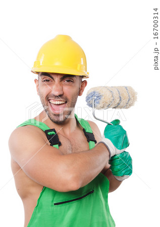 Painter in green coveralls on white 16700314