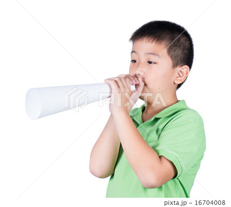 boy with a fake megaphone made with white paper 16704008