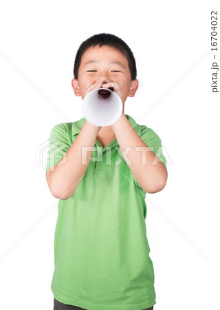 boy with a fake megaphone made with white paper 16704022