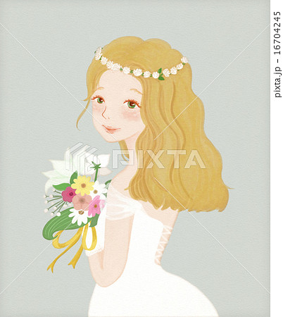 ブーケを持って白いドレスを着た花嫁の水彩画風の可愛いイラストのイラスト素材
