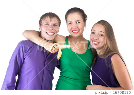 Photo of three smilimg friends with banana Photo of three smilimg friends with banana 16708150
