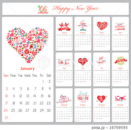 Valentine Calendar For 16 With Love Heartのイラスト素材