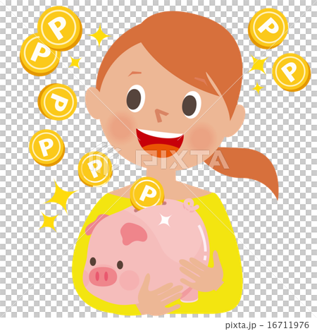 Pigs where points are accumulated Female who rejoice holding a piggy bank 01 16711976