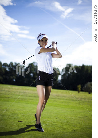 Girl playing golf, bright colorful vivid theme 16716375