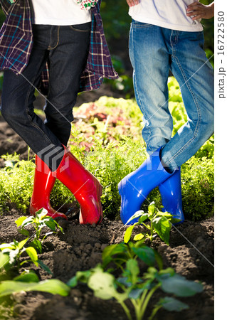 Two girls in gumboots posing on garden bed  16722580