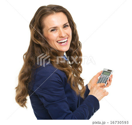 Smiling business woman using calculator 16730593