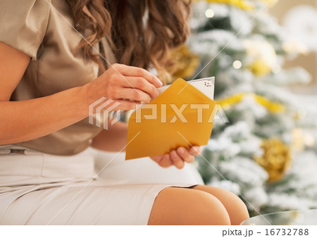 Closeup on woman opening christmas postcard near christmas tree Closeup on woman opening christmas postcard near christmas tree 16732788
