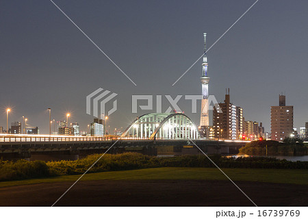 四ツ木橋とスカイツリー 煌の夜景の写真素材