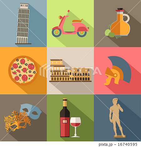 Set of Italy travel colorful flat icons, Italy symbols with long shadow for your design. Set of Italy travel colorful flat icons, Italy symbols with long shadow for your design. 16740595