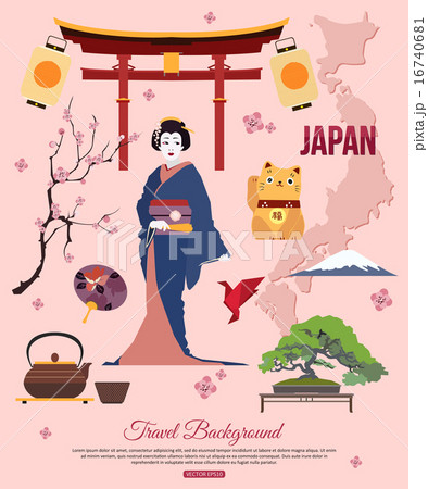 Japan travel background with place for text. Set of colorful flat icons, Japan symbols for your 16740681