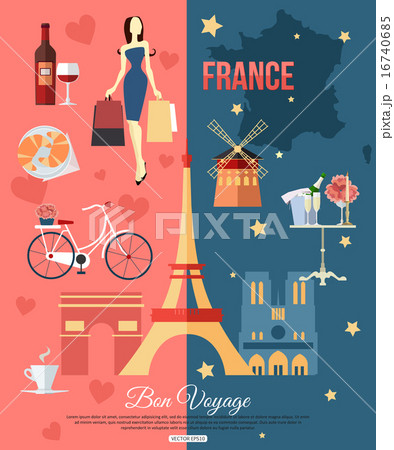 France travel background with place for text. Set of colorful flat icons, France symbols for your 16740685