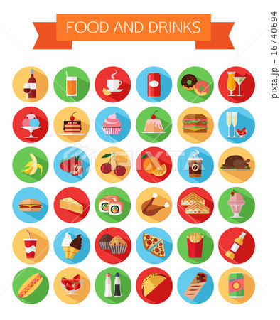 Set of colorful food and drinks icons. Flat style design isolated icons with long shadow.  16740694