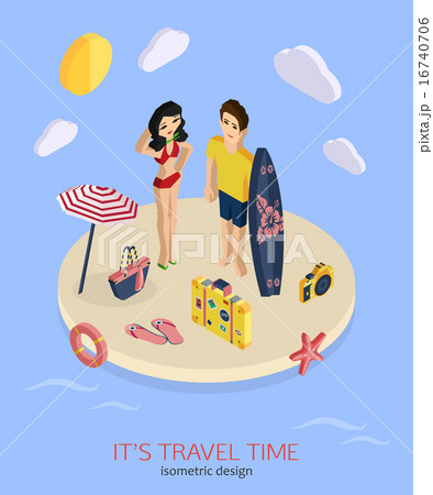It's travel time 3d isometric pixel design concept with man and woman standing on the beach. 16740706