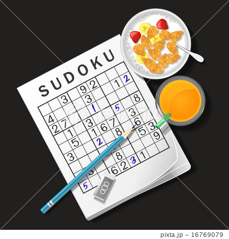 sudoku game with cereal bowl and orange juice sudoku game with cereal bowl and orange juice 16769079
