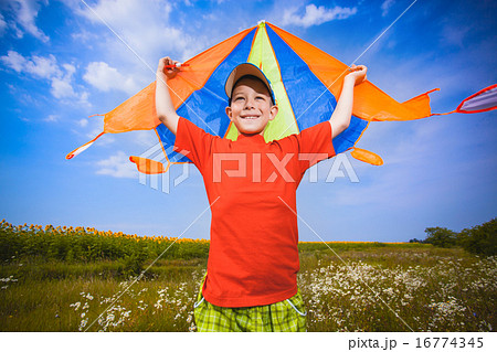 Kid flies a kite into the blue sky Kid flies a kite into the blue sky 16774345