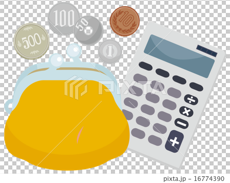 円硬貨が入る黄色いお財布と電卓 16774390
