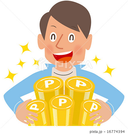 ポイントコインの山を見てOKサインを出す笑顔の男性 16774394