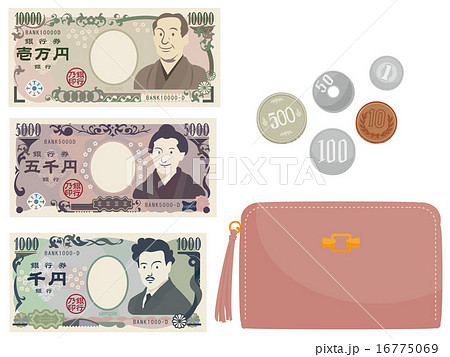 紙幣,硬貨イメージとピンクグレーの財布 16775069