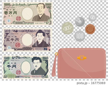 紙幣,硬貨イメージとピンクグレーの財布 16775069