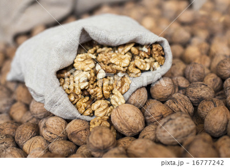Walnuts kernels in the sack on the pile of walnuts 16777242