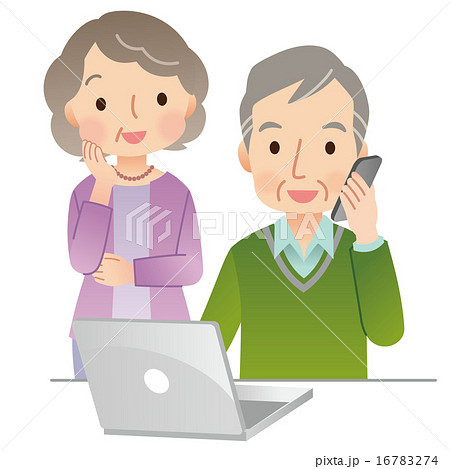 高齢者夫婦 パソコン操作と電話のイラスト素材