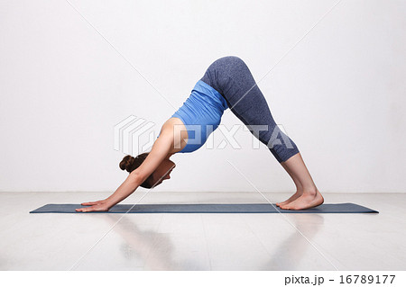 Beautiful sporty fit yogi girl practices yoga asana adhomukha sv 16789177