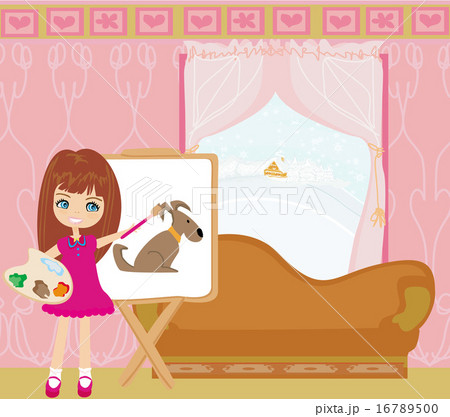 Little artist girl painting dog on paper canvas Little artist girl painting dog on paper canvas 16789500