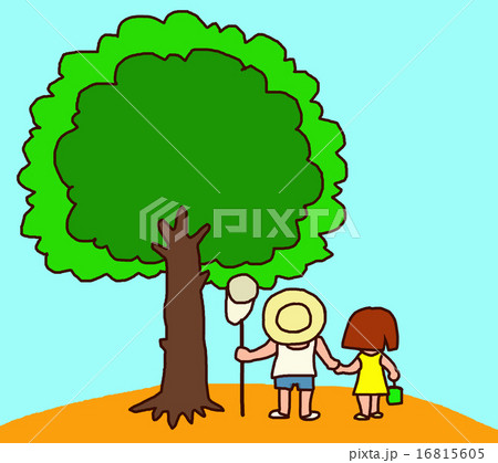 大きな木と可愛い子供のイラスト素材