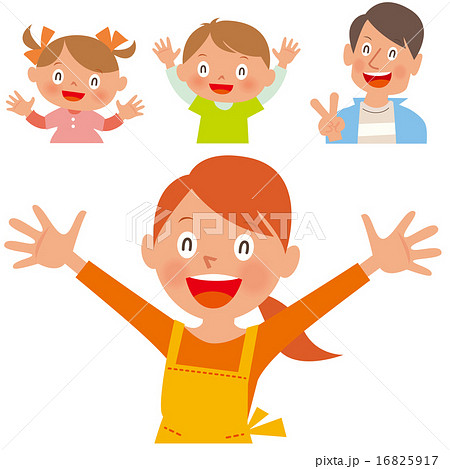 手を広げて笑顔のエプロンを着た女性と家族の4人セットのイラスト素材