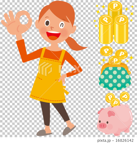 A woman wearing an apron issuing an OK sign and a point coin, a wallet, a piggy bank set A woman wearing an apron issuing an OK sign and a point coin, a wallet, a piggy bank set 16826142