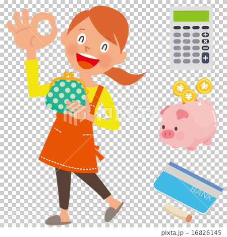 有錢包的婦女發布一個好標誌，計算器，存錢罐，存款簿，金集合 16826145