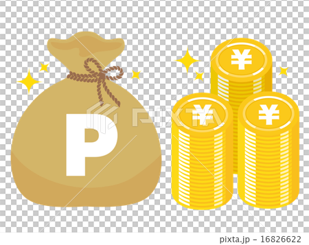 ポイントコインの山とPマークのお金の袋,茶 16826622