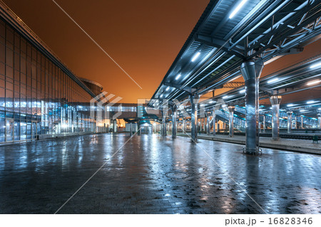 Railway station at night. Train platform. Railroad 16828346