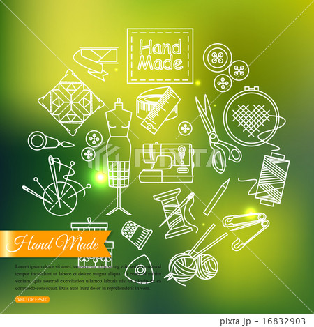 Handmade and sewing outline icons set over blurred shining background with place for text. 16832903