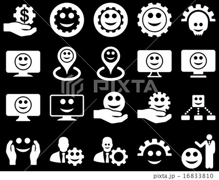 Tools, gears, smiles, map markers icons. 16833810