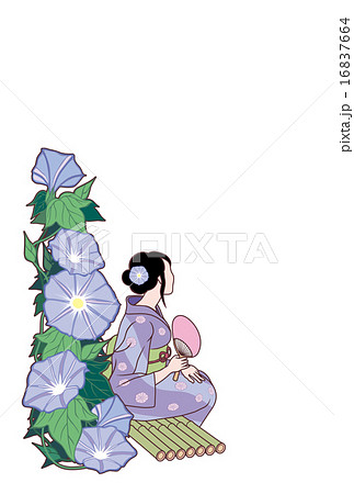 朝顔「浴衣の女性と朝顔」-白色の背景(はがき縦書き）のイラスト素材