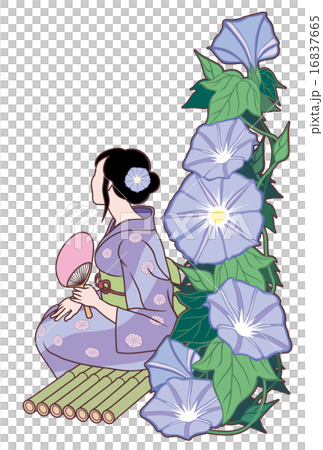 朝顔 浴衣の女性と朝顔 白色の背景のイラスト素材