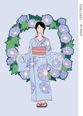 朝顔「浴衣の女性と朝顔の輪」-薄紫色の背景(はがき縦書き）のイラスト
