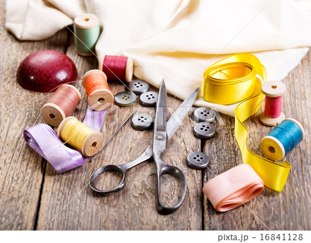 Old scissors, buttons, threads Old scissors, buttons, threads 16841128