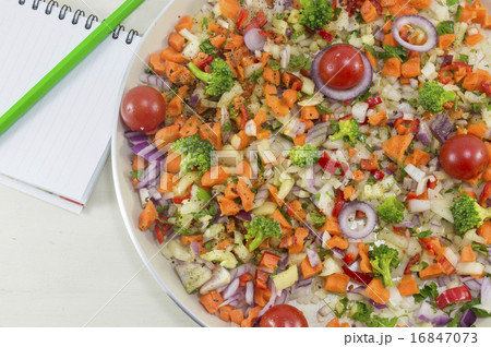 Vegetable salad on a plate next to a open notebook Vegetable salad on a plate next to a open notebook 16847073
